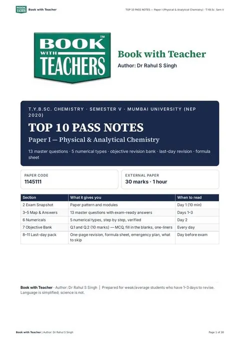 TYBSc Chemistry Paper I Top 10 Pass Notes cover