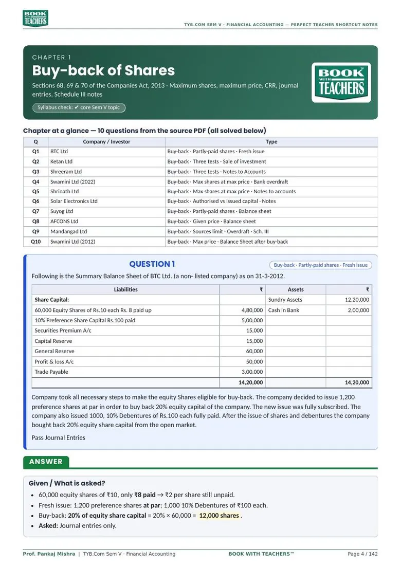 TYBCom Financial Accounting notes page on buy-back of shares with question and step-by-step answer
