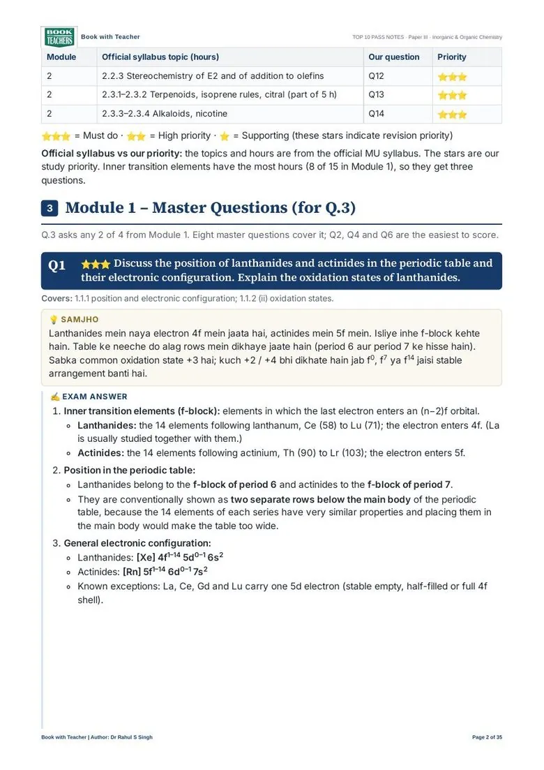 TYBSc Chemistry Paper III notes page with master question, Samjho box and exam answer